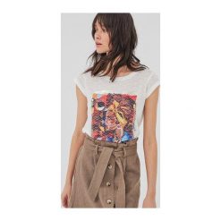 T-shirt damski. Szare bluzki damskie na imprezę Promod, z nadrukiem, z jeansu, z klasycznym kołnierzykiem. Za 79,90 zł.