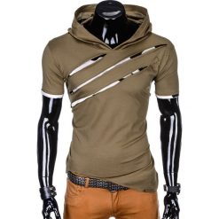 T-SHIRT MĘSKI Z KAPTUREM I NADRUKIEM S1019 - KHAKI. Brązowe t-shirty męskie z nadrukiem marki Ombre Clothing, m, z bawełny, z kapturem. Za 49,00 zł.