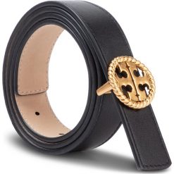 Pasek Damski TORY BURCH - 1'' Twisted Logo Belt 61134 Black 001. Czarne paski damskie Tory Burch, w paski, ze skóry. Za 769,00 zł.