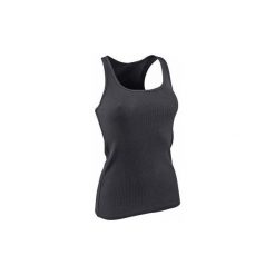 Top Gym & Pilates 500 damski. Czarne topy damskie DOMYOS, xs, bez wzorów, z elastanu, bez kołnierzyka. W wyprzedaży za 14,99 zł.