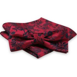 Czerwono-Granatowa Mucha Męska -ALTIES- z Taką Samą Poszetką, w Kwiatki MUALTS0571. Czerwone muszki męskie Alties, na imprezę, w paski, eleganckie. Za 39,00 zł.