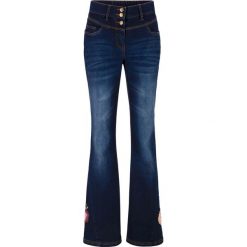 Dżinsy dzwony z nadrukiem bonprix ciemny denim. Niebieskie jeansy damskie bonprix, z jeansu. Za 119,99 zł.