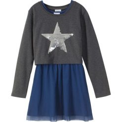 Bluza "boxy" z dwustronnymi cekinami+ sukienka z tiulową wstawką (2 części) bonprix antracytowy melanż- kobaltowy. Szare bluzy dziewczęce bonprix, bez wzorów, z tiulu, eleganckie, z krótkim rękawem, krótkie, bez kaptura. Za 44,99 zł.