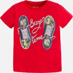 Mayoral - T-shirt dziecięcy 92-134 cm. Czerwone t-shirty męskie marki Mayoral, z nadrukiem, z bawełny, z okrągłym kołnierzem. Za 59,90 zł.