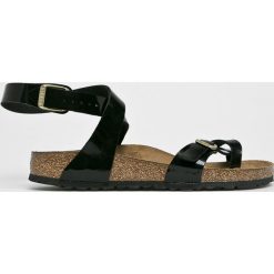 Birkenstock - Sandały. Czarne klapki damskie Birkenstock, bez wzorów, ze skóry, na niskim obcasie, na obcasie. Za 299,90 zł.