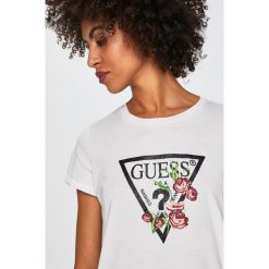 Guess Jeans - Top. Białe bluzki damskie marki Guess Jeans, s, z nadrukiem, z bawełny, z okrągłym kołnierzem. Za 189,90 zł.