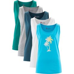 Długi top (5 sztuk) bonprix błękit laguny + szmaragdowy + niebieskozielony + biały + jasnoszary melanż. Niebieskie topy damskie bonprix, melanż. Za 59,99 zł.