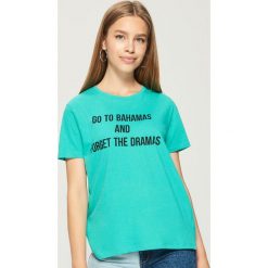 T-shirt z hasłem - Turkusowy. Niebieskie t-shirty damskie Sinsay, l. W wyprzedaży za 14,99 zł.