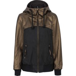 Kurtka z wysokim kołnierzem bonprix khaki-czarny. Zielone kurtki damskie bonprix, bez wzorów, z dzianiny, z kapturem. Za 189,99 zł.