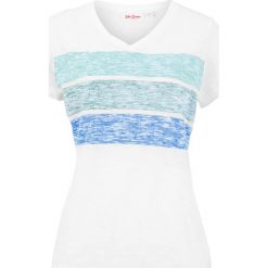 T-shirt bawełniany w paski, krótki rękaw bonprix biało-niebiesko-zielony z nadrukiem. Białe koszulki damskie bonprix, w paski, z bawełny, bez kołnierzyka, z krótkim rękawem. Za 37,99 zł.