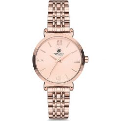Zegarek kwarcowy w kolorze różowozłotym. Różowe, analogowe zegarki damskie Beverly Hills Polo Club, metalowe. W wyprzedaży za 239,95 zł.