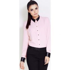 Różowa Klasyczna Koszula z Kołnierzykiem z Eko-skóry. Różowe bluzki damskie marki Molly.pl, s, ze skóry, eleganckie, z kontrastowym kołnierzykiem, z długim rękawem. Za 94,90 zł.
