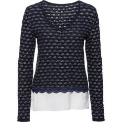 Sweter dzianinowy z wstawką z tkaniny bonprix ciemnoniebiesko-biel wełny. Niebieskie swetry klasyczne damskie bonprix, z dzianiny, z dekoltem w serek. Za 79,99 zł.