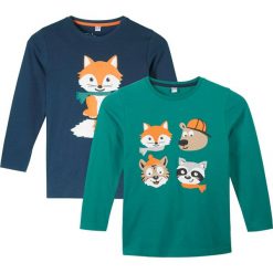 Shirt chłopięcy z długim rękawem (2 szt.) bonprix ciemnoniebieski + zielony z nadrukiem. Niebieskie koszule chłopięce bonprix, z nadrukiem, z bawełny, z okrągłym kołnierzem, z długim rękawem, długie. Za 49,98 zł.