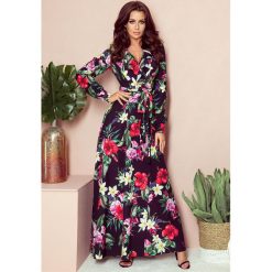 Flower sukienka maxi z falbanką i dekoltem - czerwone kwiaty. Czerwone sukienki damskie numoco, s, w kwiaty, z elastanu, z falbankami, z długim rękawem, długie, maxi. Za 369,00 zł.