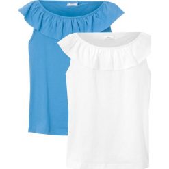 Shirt "carmen" (2 szt.) bonprix biały + niebieski. Białe bluzki dziewczęce bonprix, bez wzorów, bez kołnierzyka, bez rękawów, bez kaptura. Za 49,98 zł.