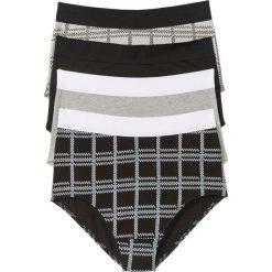 Figi z wysoką talią (4 pary), bawełna organiczna bonprix czarno-jasnoszary melanż z nadrukiem. Majtki damskie bonprix. Za 55,96 zł.