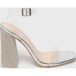 Public Desire - Sandały Ayda. Szare sandały damskie na słupku marki Public Desire, z materiału. Za 179,90 zł.