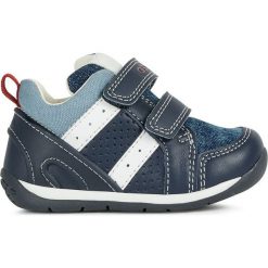 Geox - Buty dziecięce. Niebieskie trampki chłopięce Geox, bez wzorów, ze skóry, sportowe, z okrągłym noskiem, bez zapięcia. Za 239,90 zł.
