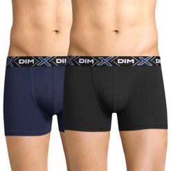 Dwupak męskich bokserek DIM X-Temp czarno-granatowe. Czarne bokserki męskie marki DIM, bez wzorów, z bawełny. Za 82,99 zł.