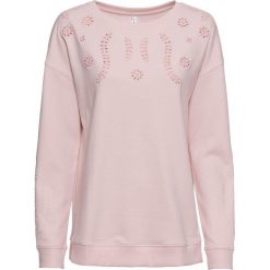 Bluza z ażurową koronką bonprix pastelowy jasnoróżowy. Różowe bluzy damskie bonprix, w koronkowe wzory, z koronki, bez rękawów, bez kaptura. Za 54,99 zł.