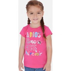 Mayoral - T-shirt dziecięcy 92-134 cm. Niebieskie bluzki dziewczęce Mayoral, z aplikacjami, z dzianiny, z okrągłym kołnierzem, z krótkim rękawem, krótkie, bez kaptura. Za 69,90 zł.