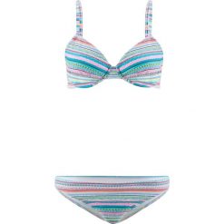 Bikini na fiszbinach (2 części) bonprix różowo-pomarańczowo-turkusowy wzorzysty. Różowe stroje kąpielowe damskie marki bonprix, z nadrukiem. Za 89,99 zł.