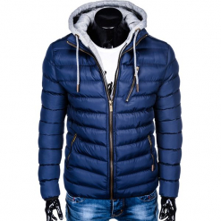 Kurtka męska przejściowa pikowana C384 - granatowa. Niebieskie kurtki męskie Ombre Clothing, s, bez wzorów, z poliesteru, bez kaptura. Za 89,00 zł.