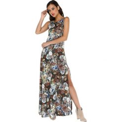 Sukienka ze wzorem. Szare sukienki damskie Donna Rossa, bez wzorów, z okrągłym kołnierzem, bez rękawów, maxi. W wyprzedaży za 159,95 zł.