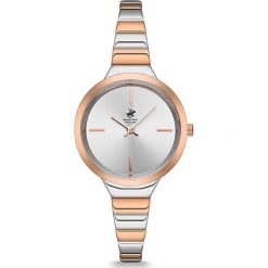 Zegarek kwarcowy w kolorze srebrno-różowozłotym. Szare, analogowe zegarki damskie Beverly Hills Polo Club, metalowe. W wyprzedaży za 269,95 zł.