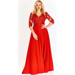 Wieczorowa sukienka maxi z dopasowaną gipiurową górą ozdobioną cekinami i rękawem 3/4 luźny dół czerwony. Czerwone sukienki damskie N/A, plus size, bez wzorów, z elastanu, wizytowe, bez kołnierzyka, plus size, bez rękawów, maxi, dopasowane. Za 350,12 zł.