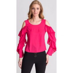 Różowa bluzka off shoulder z falbanami - Różowy. Różowe bluzki damskie Patrizia Pepe, z aplikacjami, z okrągłym kołnierzem, bez rękawów. Za 251,60 zł.