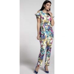 Stylowy Kombinezon w Kwiaty z Odsłoniętym Ramieniem. Niebieskie kombinezony damskie Molly.pl, s, w kwiaty, z tkaniny, eleganckie, bez kołnierzyka, z długim rękawem, długie. Za 145,90 zł.