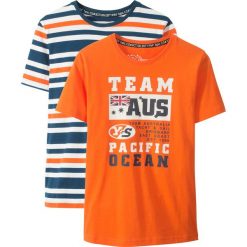 T-shirt (2 szt.) bonprix biało-pomarańczowo-niebieski w paski + pomarańczowy z nadrukiem. Białe t-shirty chłopięce bonprix, w paski, z krótkim rękawem. Za 45,98 zł.