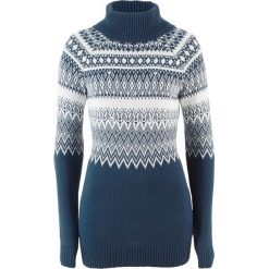 Sweter z golfem i perełkami bonprix ciemnoniebiesko-biel wełny wzorzysty. Niebieskie swetry damskie bonprix, bez wzorów, z wełny, bez rękawów. Za 74,99 zł.