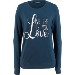 Bluza dresowa bonprix ciemnoniebieski z nadrukiem. Niebieskie bluzy z nadrukiem damskie bonprix, z dresówki. Za 44,99 zł.