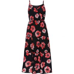 Sukienka z falbaną bonprix czarny w kwiaty. Czarne sukienki damskie bonprix, w kwiaty, z dekoltem w serek, bez rękawów. Za 79,99 zł.