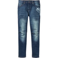 Dżinsy ze stretchem Regular Fit Tapered bonprix ciemnoniebieski "used". Niebieskie jeansy męskie bonprix, m, z nadrukiem, z jeansu. Za 79,99 zł.