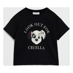 Mango Kids - T-shirt dziecięcy Cruella 80-104 cm. Czarne bluzki dziewczęce Mango Kids, z nadrukiem, z bawełny, z okrągłym kołnierzem, z krótkim rękawem, krótkie, bez kaptura. Za 49,99 zł.