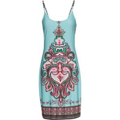Sukienka z letnim nadrukiem bonprix niebieski wzorzysty. Niebieskie sukienki damskie bonprix, na lato, z nadrukiem, bez kołnierzyka, bez rękawów. Za 89,99 zł.