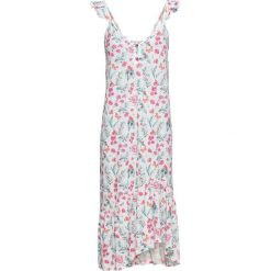 Sukienka z falbaną bonprix biało-zielono-różowy w kwiaty. Białe sukienki damskie bonprix, na lato, w kwiaty, bez kołnierzyka, bez rękawów, midi. Za 54,99 zł.