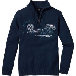 Sweter ze stójką bonprix ciemnoniebieski. Niebieskie swetry męskie bonprix, s, z haftami, ze stójką, bez kaptura. Za 79,99 zł.