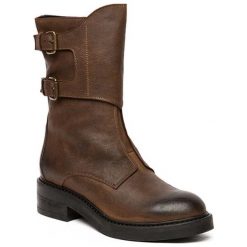 Buty zimowe damskie: Skórzane botki w kolorze brązowym
