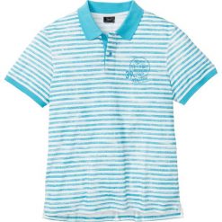 Shirt polo w paski, z nadrukiem bonprix turkusowo-biel wełny w paski. Niebieskie koszulki męskie bonprix, s, w paski, z bawełny, bez rękawów. Za 54,99 zł.