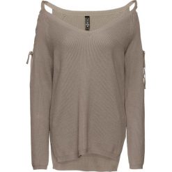 Sweter z wycięciami bonprix brunatny. Brązowe swetry klasyczne damskie bonprix, ze sznurowanym dekoltem. Za 99,99 zł.