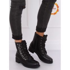 Botki workery z kamieniami czarne 0-268 BLACK. Czarne botki damskie z materiału, na sznurówki. Za 73,44 zł.