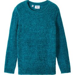 Sweter dzianinowy z szenili bonprix morski turkusowy. Niebieskie swetry dziewczęce bonprix, bez wzorów, z dzianiny, bez kołnierzyka, bez rękawów, bez kaptura. Za 59,99 zł.