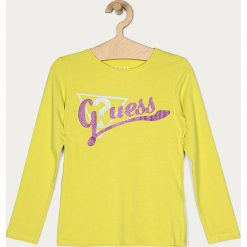 Guess Jeans - Longsleeve dziecięcy 116-176 cm. Czarne bluzki dziewczęce Guess Jeans, z nadrukiem, z elastanu, z okrągłym kołnierzem, z długim rękawem, długie, bez kaptura. Za 99,90 zł.