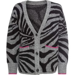 Sweter rozpinany bonprix szaro-czarno-różowy w paski zebry. Szare swetry damskie bonprix, w paski, bez rękawów, bez kaptura. Za 109,99 zł.