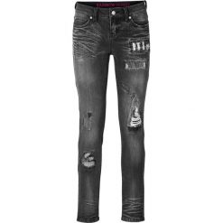 Dżinsy SKINNY bonprix czarny "stone". Niebieskie jeansy damskie marki bonprix, z nadrukiem. Za 59,99 zł.
